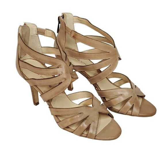 Adrienne Vittadini Strappy Leather Heel 6 Taupe Brown Open Toe - Picture 1 of 8